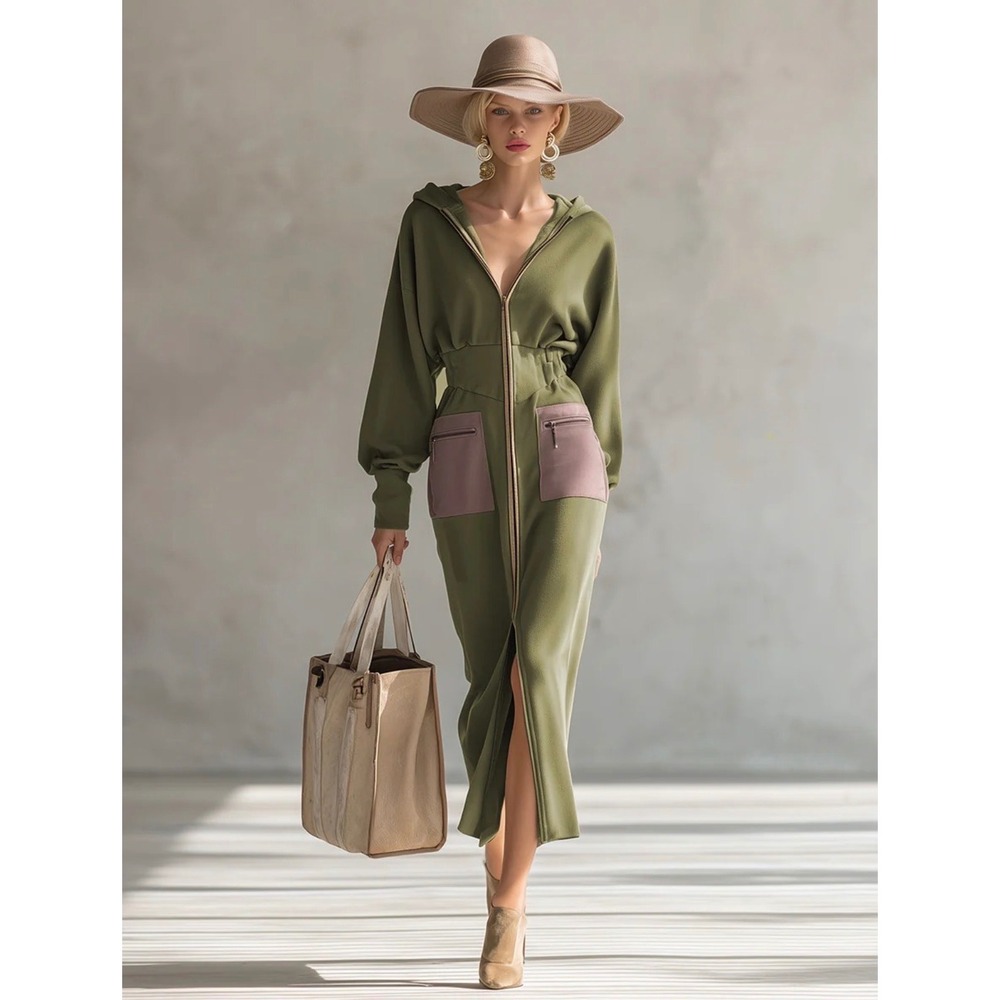 OYROSY Olive Green Hooded Maxi Dress Full Zip Mauve Pink Pockets Size M NEW